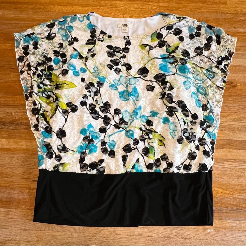 CATO Women 14/16W Teal White Black Floral Print Lace Fit Waist Sleeveless Blouse